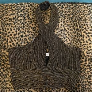 Gold and black striped lurex ✨✨ sparkle crop top key hole M BNWT